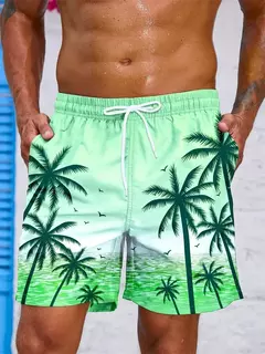 Calções gráficos de palma estampados em 3D masculino, calção de gelo solto, planta vintage, verão, calção de natação respirável havaiano na internet