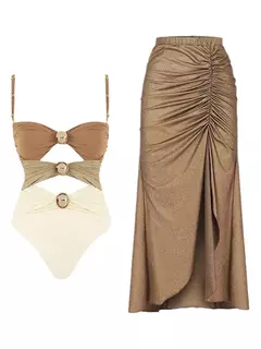 Imagem do Biquíni feminino com cabeçada oca, peça única retrô elegante, cor fresca, gradiente sólido com saia elástica, moda banho, 2024
