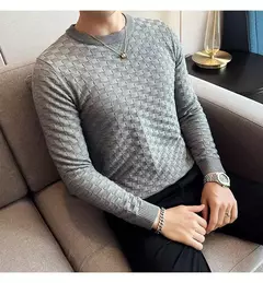 Outono inverno estiramento jacquard tecido o-pescoço camisola waffle masculina ajuste fino manga longa pullovers de malha casual streetwear homme - comprar online