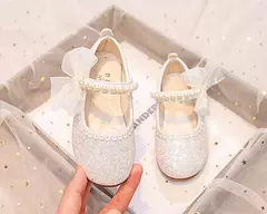 Mary Janes antiderrapante para meninas, arco lateral, pérolas, sapatos elegantes de princesa, sapatos chiques para crianças, festa, shows de casamento, moda infantil, 2024 - loja online