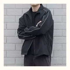 Blusão solto de retalhos masculino com bolsos, jaqueta bomber, zíper listrado, gola alta, impermeável, esportes ao ar livre, casual, outono