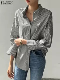ZANZEA-Blusa feminina listrada de manga comprida, tops de túnica com botões, camisas elegantes, casual e elegante, verão, 2023 - comprar online