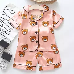 Conjunto de pijama cetim de seda gelo infantil, top e calça, ursinho desenho animado, bebê menina, primavera, verão na internet