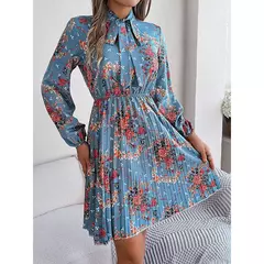 Vestido de Natal para as mulheres, manga longa, solto, elástico, estampa de flores, plissado, gola redonda, mini, novo, outono, 2022 - comprar online