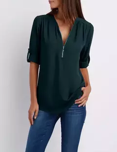 Blusa feminina profunda com gola V, tops femininos, pulôver sexy com zíper, moda casual, camisa solta legal, plus size, venda quente, 2024 na internet