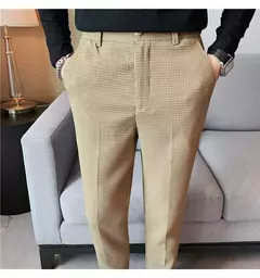 Imagem do Calça waffle stretch masculina, calça reta justa, terno de festa social, roupa formal, alta qualidade, nova moda, 2022