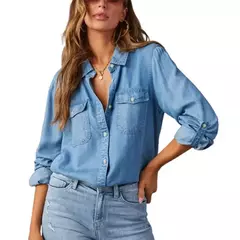 Camisa jeans fina de peito único feminina, bolso de emenda, manga longa, tops de lapela, confortável, blusa casual para mulheres, outono na internet