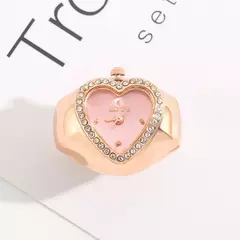 Moda em forma de coração relógio anéis para mulheres cor dial incrustação zircão pulseira elástica movimento quartzo charme jóias mini relógio anel - loja online