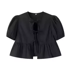 TRAF-Blusa de manga folhada folhada para mulheres, top branco, preto, ruched, laço amarrado, verão, tops bonitos, fêmea, 2021 - Wolf Magazine