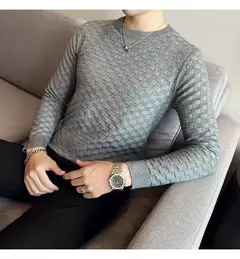 Outono inverno estiramento jacquard tecido o-pescoço camisola waffle masculina ajuste fino manga longa pullovers de malha casual streetwear homme - loja online