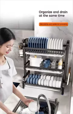Imagem do Rack de secagem de pratos, 2 camadas, compacto, cozinha, conjunto de escorredor, grande, à prova de ferrugem, escorredor de pratos com suporte de utensílio