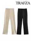 TRAFZA-Calças de fenda de perna reta feminina, calças de cintura alta com zíper, bolso traseiro, decoração fina, moda feminina, tricolor, novo