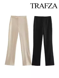 TRAFZA-Calças de fenda de perna reta feminina, calças de cintura alta com zíper, bolso traseiro, decoração fina, moda feminina, tricolor, novo