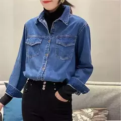 Camisa jeans azul retrô feminina, camisa de manga comprida, jaqueta jeans de peito único, camisas monocromáticas, novo design, outono, 2024 - Wolf Magazine