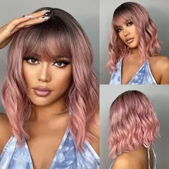 Haircube peruca sintética ondulada com franja curto bob rosa perucas encaracolado ondulado na altura do ombro peruca cosplay diária peruca colorida na internet