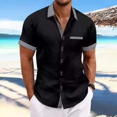 Camisa xadrez listrada de manga curta masculina, vestido social, botão para cima, casual de negócios, slim fit - Wolf Magazine