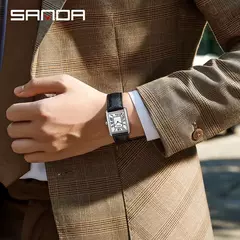 Relógio de quartzo masculino e feminino Sanda, 30m à prova d'água, casual, moda, pulseira de couro, mostrador quadrado, resistente ao desgaste - loja online