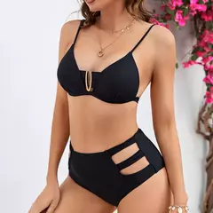 Conjunto de biquíni de três peças, sutiã acolchoado, borla, saia de praia de cintura alta, maiô de verão, moda sexy, monocromático na internet