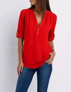Blusa feminina profunda com gola V, tops femininos, pulôver sexy com zíper, moda casual, camisa solta legal, plus size, venda quente, 2024