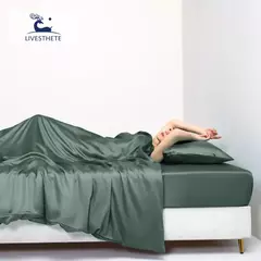 Imagem do Liv-Conjunto de cama verde puro, 100% seda, cor sólida, lençol plano, fronhas, rainha, colcha de rei, conjuntos de cama para dormir, presente