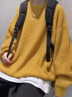Pulôver de gola redonda de cor sólida masculino, suéter de malha casual, maca - loja online