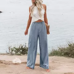 Calça larga de linho de algodão feminina, comprimento total, casual, monocromática, solta, cintura alta, reto, botão, verão