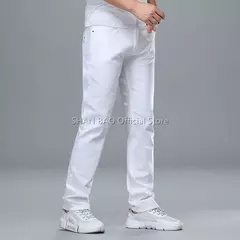 SHAN BAO-Jeans slim branco masculino, roupa confortável de algodão, elástico, casual, leve, de negócios, primavera, verão, 2022 - Wolf Magazine
