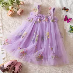 Vestido de malha bordado feminino, Alça de fada, Asas de arco traseiro, Princesa, Aniversário, Doces Bebés, Verão - comprar online