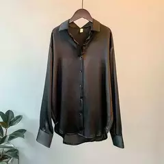 Blusa feminina de manga comprida de cetim vintage, camisa sedosa, blusa de escritório de trabalho, camisa casual feminina, outono