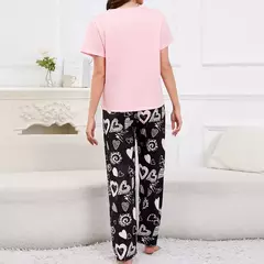 Conjunto de pijama de manga curta feminina, top gola redonda, shorts e calças, lounge wear, roupa de dormir, casual, estampado, 3 peças - loja online
