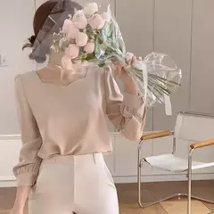 Blusa feminina de manga folhada com gola quadrada, camisas simples para senhoras, tops soltos casuais e elegantes, moda, outono e primavera, 2024 - loja online