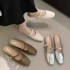 Chinelos de couro macio com alça de fivela prateada, sapatilhas casuais, sapato de mulas brilhantes, dedo do pé, metálico, elegante, moda, 2024 na internet