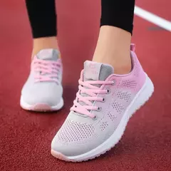 Sapatilhas femininas com cordões em malha respirável, sapatos casuais, sapatos de caminhada, tênis plano, rosa, preto, branco
