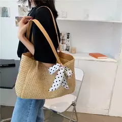 Bolsa de tecido palha casual feminina, cachecol de seda, laço, bolsa de praia, grande capacidade, portátil, sacola para senhora, nova, 1 ombro, verão na internet