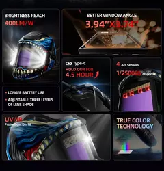 Capacete de soldagem com escurecimento automático ANDELI panorâmico 180 ° Ver máscara de soldagem com sensor de arco True Color 4 para máquina de soldador MIG MAG MMA