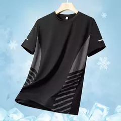 T-shirt corrida de seda gelo masculina, top fino, secagem rápida, manga curta, respirável, impressão reflexiva, esportes fitness, verão, 5XL - loja online