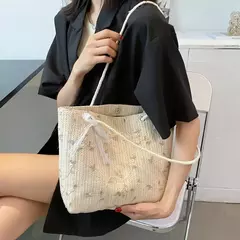Imagem do Bolsa de tecido palha casual feminina, cachecol de seda, laço, bolsa de praia, grande capacidade, portátil, sacola para senhora, nova, 1 ombro, verão