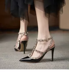 Salto alto clássico em couro genuíno para mulheres, sandálias rebite, bombas pontiagudas, preto, fino, festa, casamento, verão, moda, 2024 - Wolf Magazine