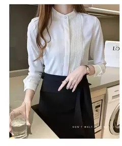 Imagem do Primavera verão moda cor sólida camisa feminina de manga longa comutando irregular botão chiffon topo feminino camisa branca das mulheres c028