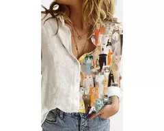 Imagem do Camisa de manga comprida estampada de gato animal feminino, blusa solta, Tops, Fashion, 8936, 2024
