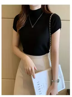 Imagem do Camiseta feminina de malha meia gola alta, elegante monocromática, manga curta, pulôver casual versátil, tops magros, verão, nova