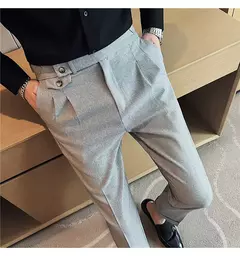 Calça formal de botão de cintura alta estilo britânico masculina, terno casual empresarial, calça de escritório, monocromática, alta qualidade, nova, primavera - loja online