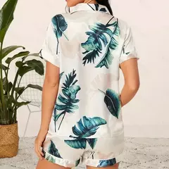 Conjunto de pijama de duas peças estampado leopardo feminino, shorts e top de manga curta, pijama cetim casual para casa, verão