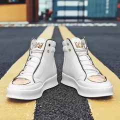 Bota de plataforma leopardo masculina, sapato de couro alto, tênis de metal, calçado masculino, designer de luxo, tendência
