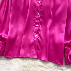 Imagem do Elegante cetim tridimensional flor manga longa lapela blusa chique vintage moda colheita topo feminino camisas de outono roupas