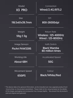 Ataque tubarão x3pro/x3 mouse sem fio, pixart paw3395, 26k dpi, luz, para jogos macro, laptop/win/mac na internet