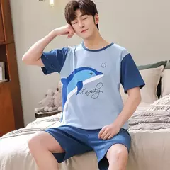Conjunto pijama masculino de malha de algodão, conjunto de pijamas manga curta, terno letra, Homewear masculino, tamanho XL a XXL, verão