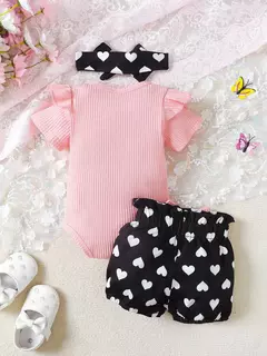 Macacão bonito em torno do pescoço das meninas do bebê, Slogan Bordado, Coração Imprimir Shorts, Headband, Casual, Primavera, Outono, 2Pcs Set na internet