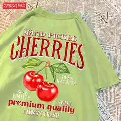 Camisetas femininas de estampa de cereja colhidas a mão, camisetas de algodão, gola redonda grande, manga curta macia, roupas femininas de rua, moda na internet