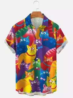 Camisa havaiana dos desenhos animados de anime masculino, Tops de manga curta, roupas casuais masculinas, rua, animais, gatos, retrô, 3D Tees, verão - loja online